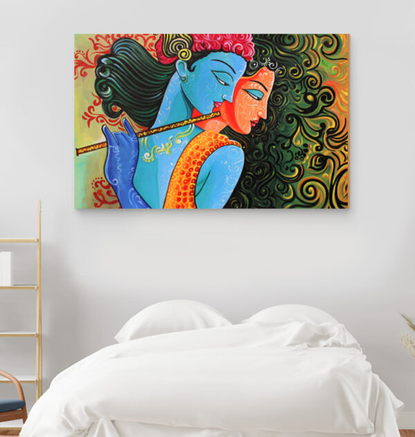 Radha Krishna with flute decorative - Framed Spiritual Art Print Wall Art