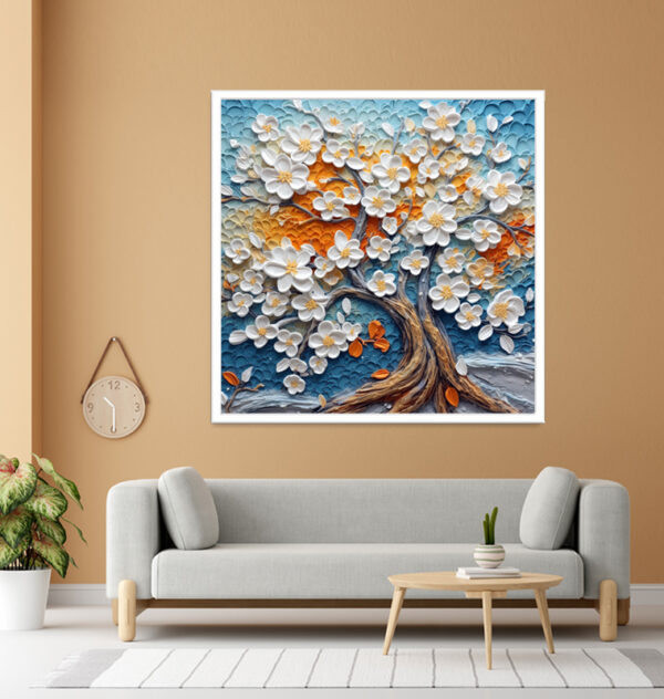 Painting Tree with White Flowers Leaves