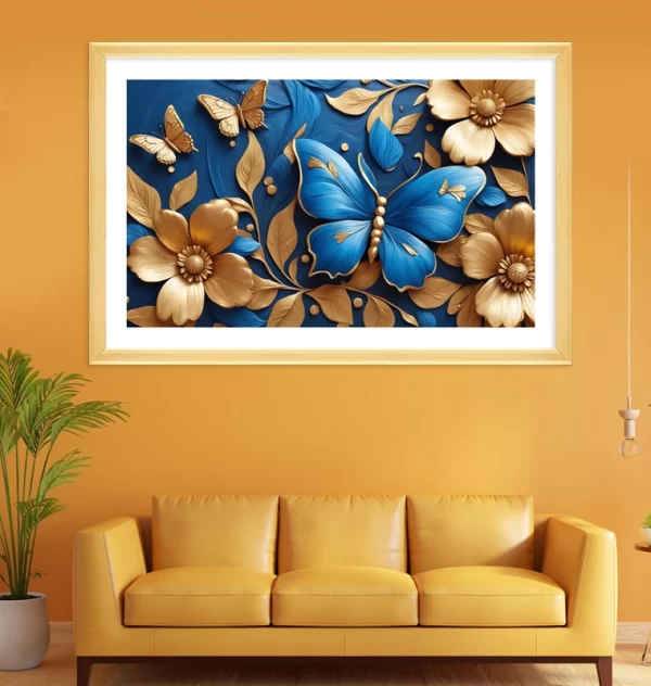 Blue and gold flowers complemented by a butterfly 3D painting