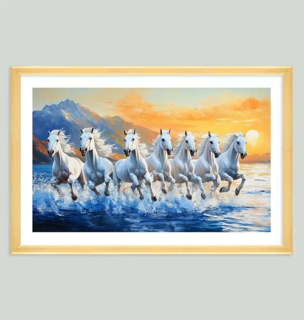Seven running white horses mountain morning view background