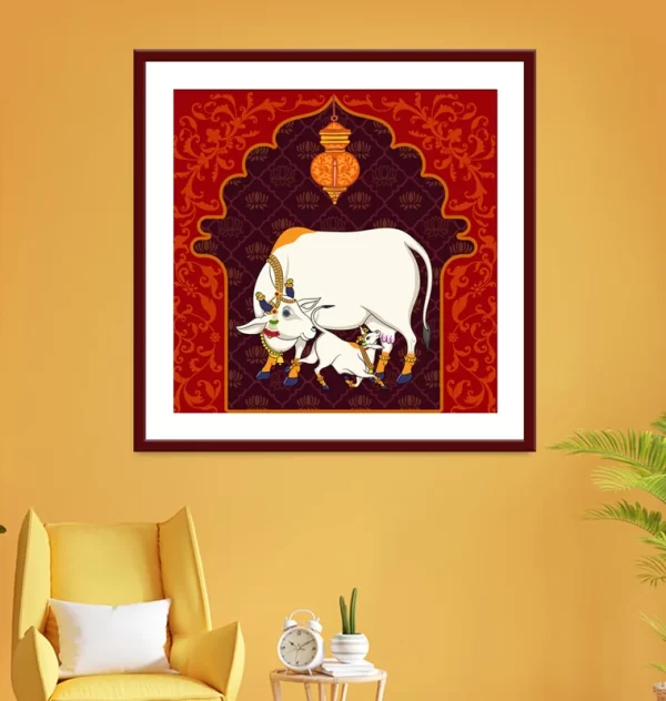 Kamadhenu Indian Traditional Cow and Calf Pichwai Painting