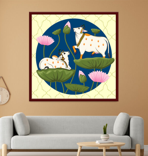 Pichwai Painting Indian Traditional Cow sitting on Lotus